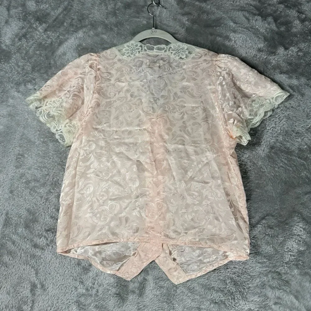 Vtg 80s Pink Satin Pajama Top‎ Medium Lace Jacquard Ballet Coquette Dainty Girly